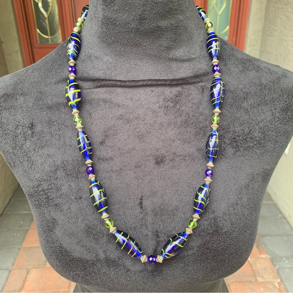 Whimsical, Eclectic, Boho Glam Deep Blue and Green Beaded Necklace